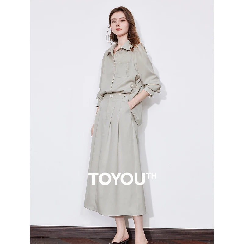 TOYOUTH Women Two-Piece Set Spring 2025 Long Sleeve Shirt & Mid-Length Skirt