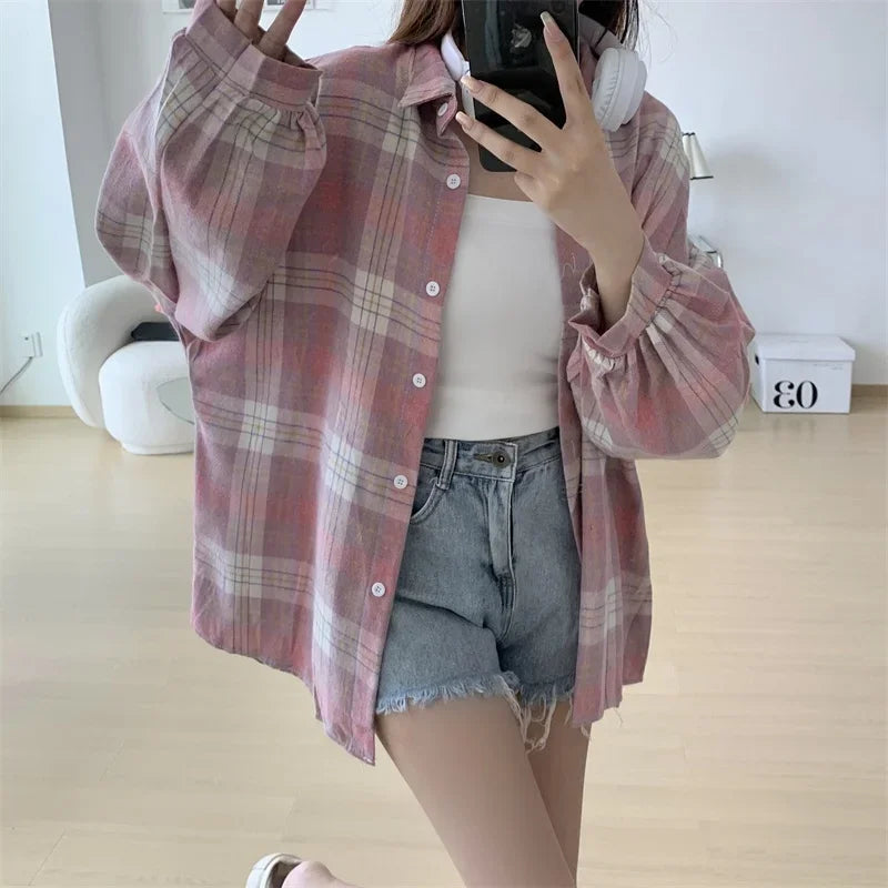 Plaid Shirt for Women, Autumn Long Sleeve Top, Vintage Fashion Blouse