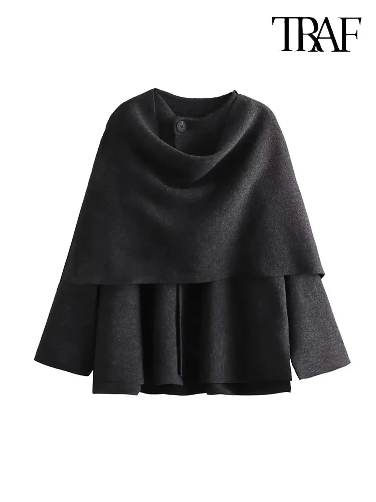 TRAF Women's Fashion Fall Winter Chic Knitted Asymmetric Jacket with Split Hem