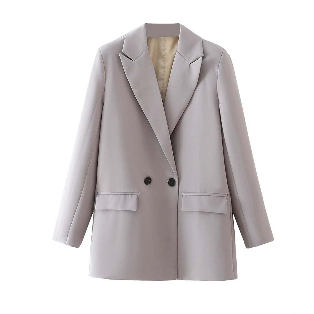 TRAF Women Chic Office Lady Double Breasted Blazer - Vintage Notched Collar Long Sleeve Coat