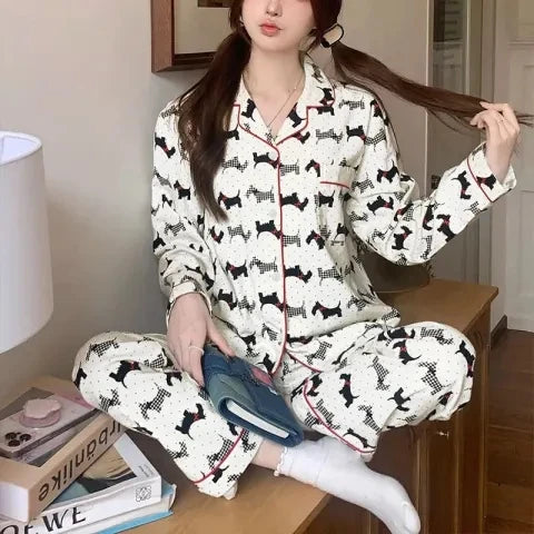 2024 Korean Style Elegant Long Sleeve Women's Pajama Set – Comfortable Lapel Loungewear