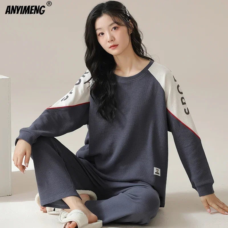 New Autumn Winter Waffle Cotton Pajamas for Women - Long Sleeves Sleepwear