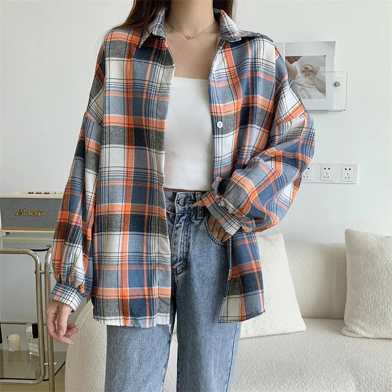 Plaid Shirt for Women, Autumn Long Sleeve Top, Vintage Fashion Blouse