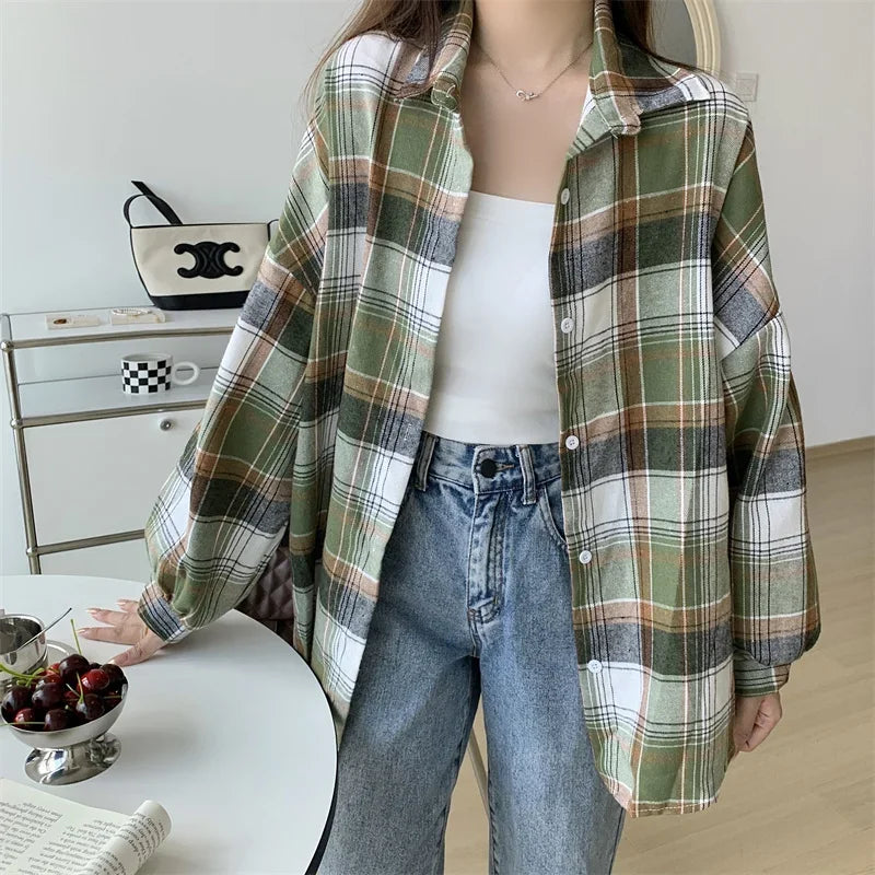 Plaid Shirt for Women, Autumn Long Sleeve Top, Vintage Fashion Blouse