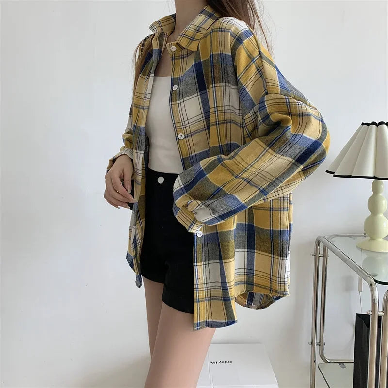 Plaid Shirt for Women, Autumn Long Sleeve Top, Vintage Fashion Blouse