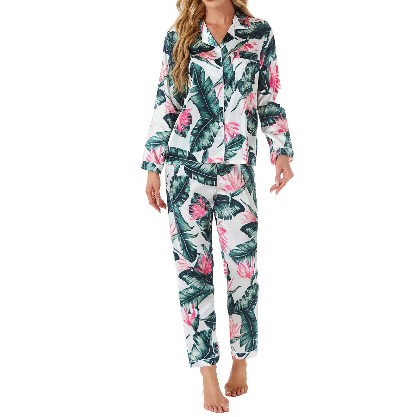 Home Clothes Women's Autumn Printed Soft Satin Single Breasted Lapel Long Sleeve Shirts With Trouser Loungewear Pajama Sets