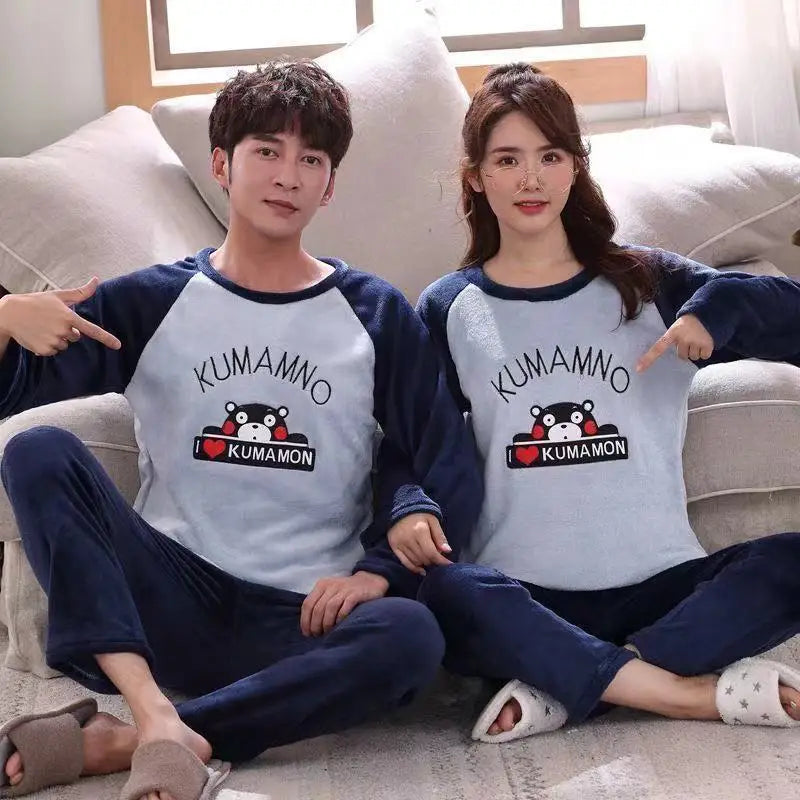 2pcs Fall Winter Coral Fleece Pajamas Set for Couples - Warm & Cozy