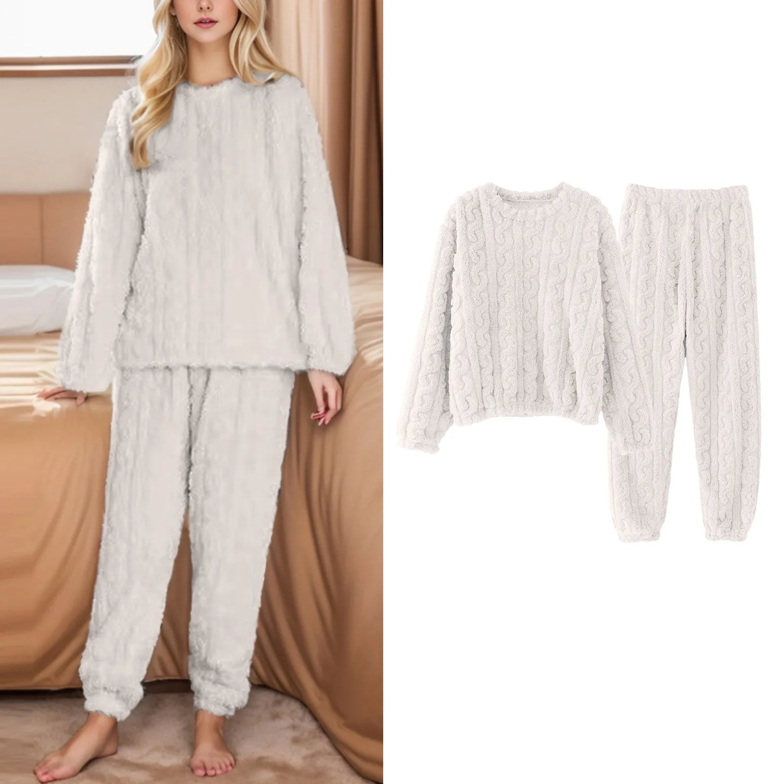 Winter Fuzzy Warm Pajamas Suit For Women Cozy Fleece Oversized Pullover Top And Pants Suit Female Loungewear 2 Piece Sets