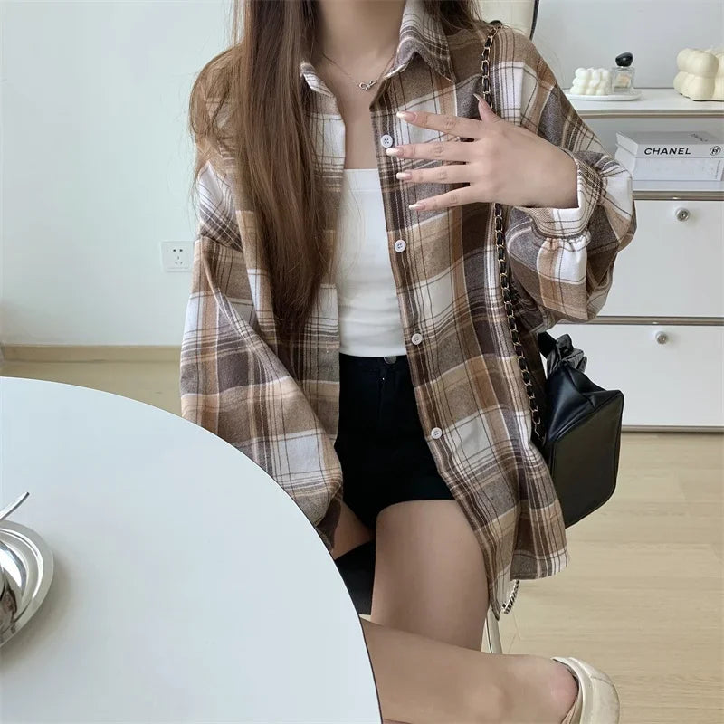 Plaid Shirt for Women, Autumn Long Sleeve Top, Vintage Fashion Blouse