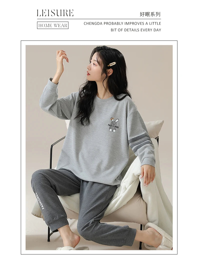 New Autumn Winter Waffle Cotton Pajamas for Women - Long Sleeves Sleepwear