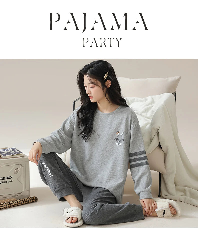 New Autumn Winter Waffle Cotton Pajamas for Women - Long Sleeves Sleepwear