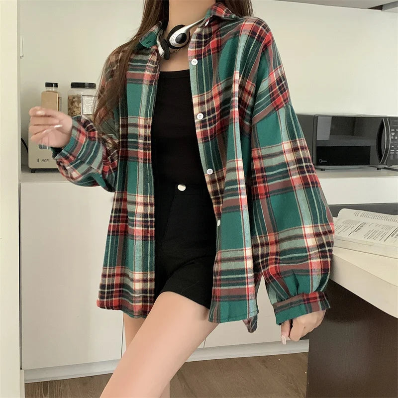 Plaid Shirt for Women, Autumn Long Sleeve Top, Vintage Fashion Blouse